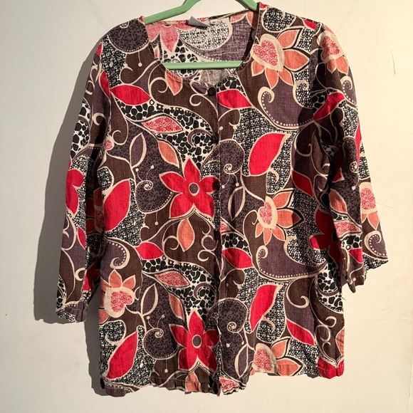 Hot Cotton Tops - Hot Cotton Medium Linen Blouse Floral Print Boho Artsy Retro Resort